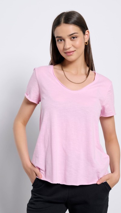 BodyTalk Γυναικεία κοντομάνικη μπλούζα με V ροζ