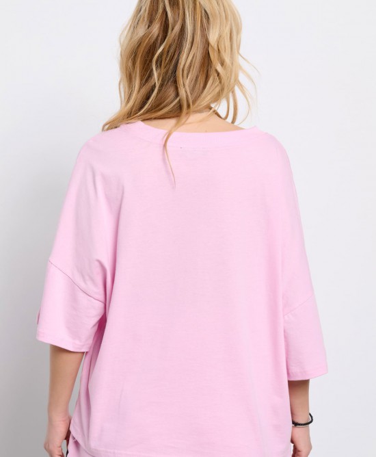 BodyTalk  Γυναικεία κοντομάνικη loose μπλούζα με λογότυπο ροζ