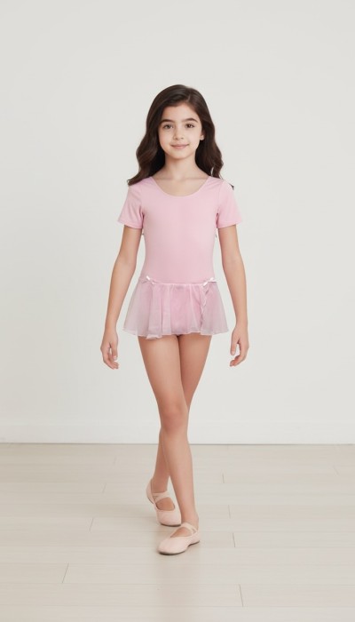 GoDance Παιδικό βαμβακερό κορμάκι μπαλέτου με φούστα και κοντό μανίκι ροζ