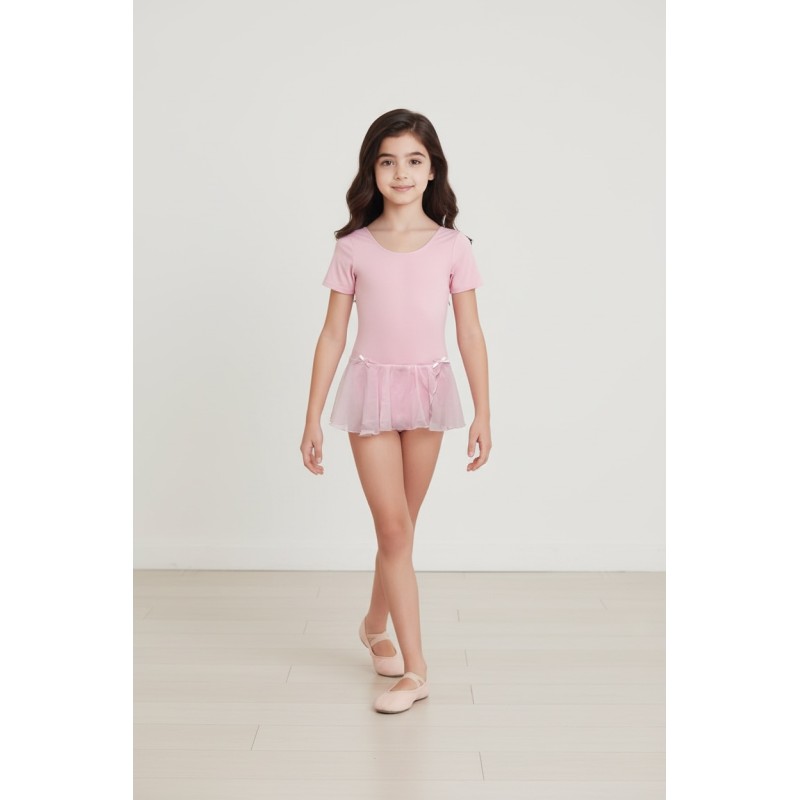 GoDance Παιδικό βαμβακερό κορμάκι μπαλέτου με φούστα και κοντό μανίκι ροζ