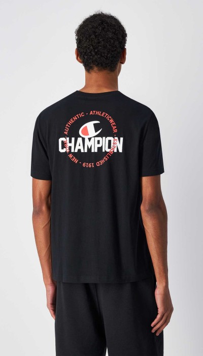 Champion Ανδρική κοντομάνικη μπλούζα με τύπωμα στην πλάτη μαύρη