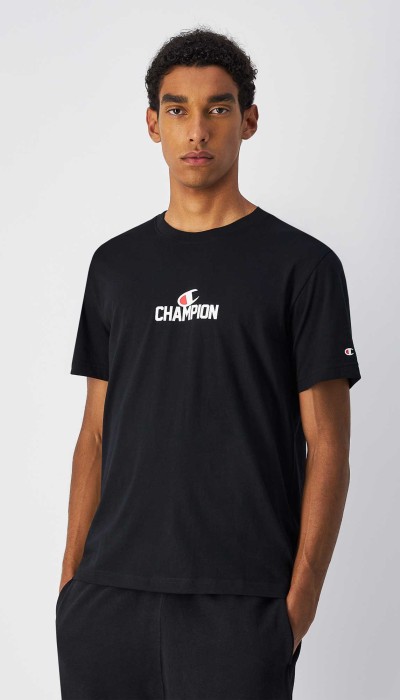 Champion Ανδρική κοντομάνικη μπλούζα με τύπωμα στην πλάτη μαύρη