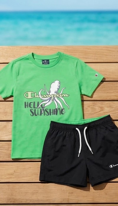 Champion Παιδικό σετ κοντομάνικη μπλούζα & σορτς μαγιό για αγόρι πράσινο