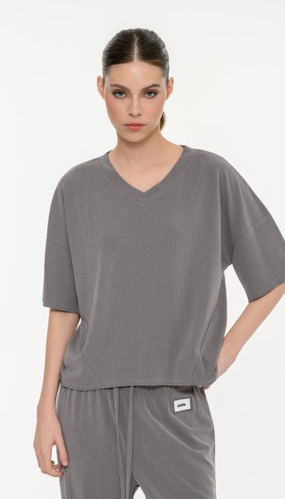 BodyTalk Γυναικείο rib κοντομάνικο t-shirt γκρι