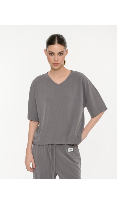 BodyTalk Γυναικείο rib κοντομάνικο t-shirt γκρι