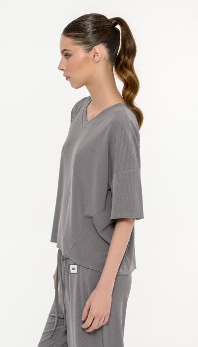 BodyTalk Γυναικείο rib κοντομάνικο t-shirt γκρι