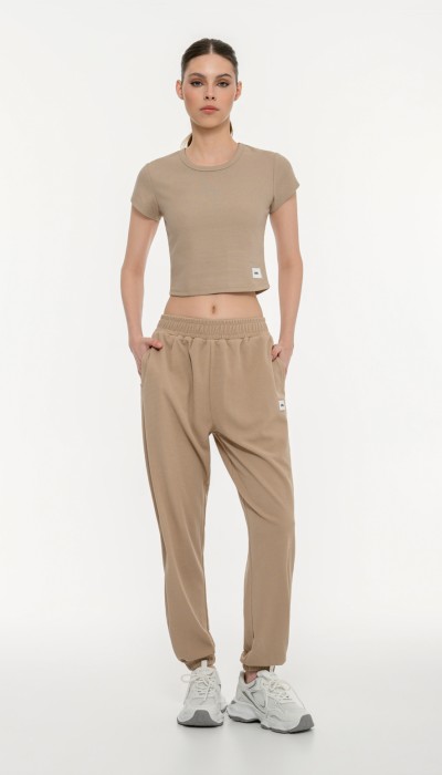 BodyTalk Γυναικείο παντελόνι waffle με λάστιχο μπεζ