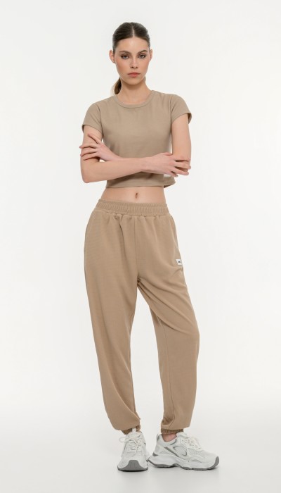 BodyTalk Γυναικείο παντελόνι waffle με λάστιχο μπεζ