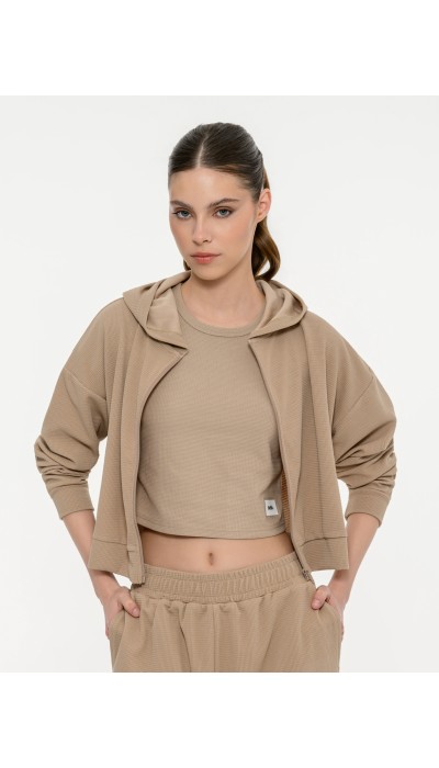 BodyTalk Γυναικεία ζακέτα με κουκούλα waffle μπεζ
