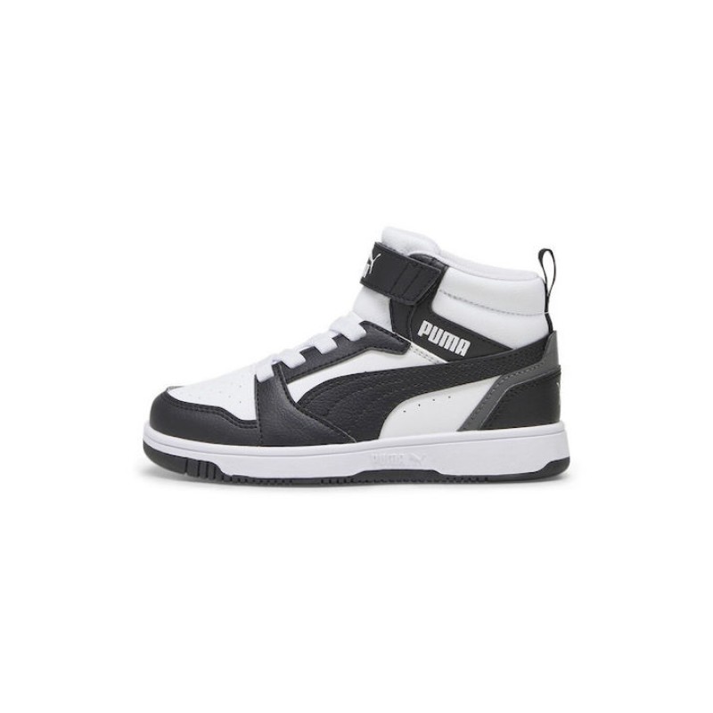 Puma Παιδικά αθλητικά μποτάκια με αυτοκόλλητο rebound v6 mid sneakers μαύρα Puma Παιδικά αθλητικά μποτάκια με αυτοκόλλητο rebound v6 mid sneakers μαύρα